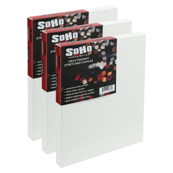 SoHo Urban Artist, 12x16" Heavyweight Stretched Cotton Canvas for Painting - 1.5" Deep- 3 Pack, Triple Primed, 100% Cotton Canvas, Archival, Universal Primed for Oil, Acrylic, Alkyd, Mixed Media