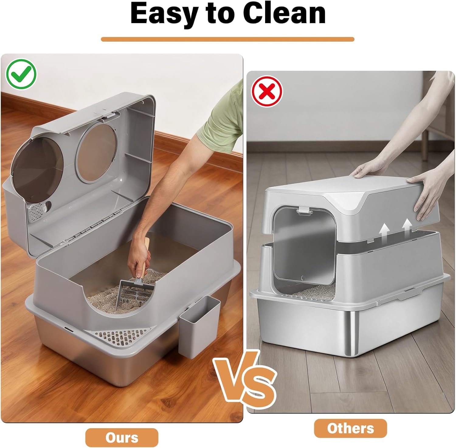 Extra Large Stainless Steel Litter Box with Lid, High Sided Design Includes Mat and Scooper, Easy Clean Non-Stick Odor Control