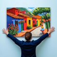 thumbnail image 3 of Lienzo óleo pueblo colombiano mexicano casas coloridas calle empedrada mujer con falda tradicional, paisaje latino vibrante para comedor y tienda artesanal., 3 of 6