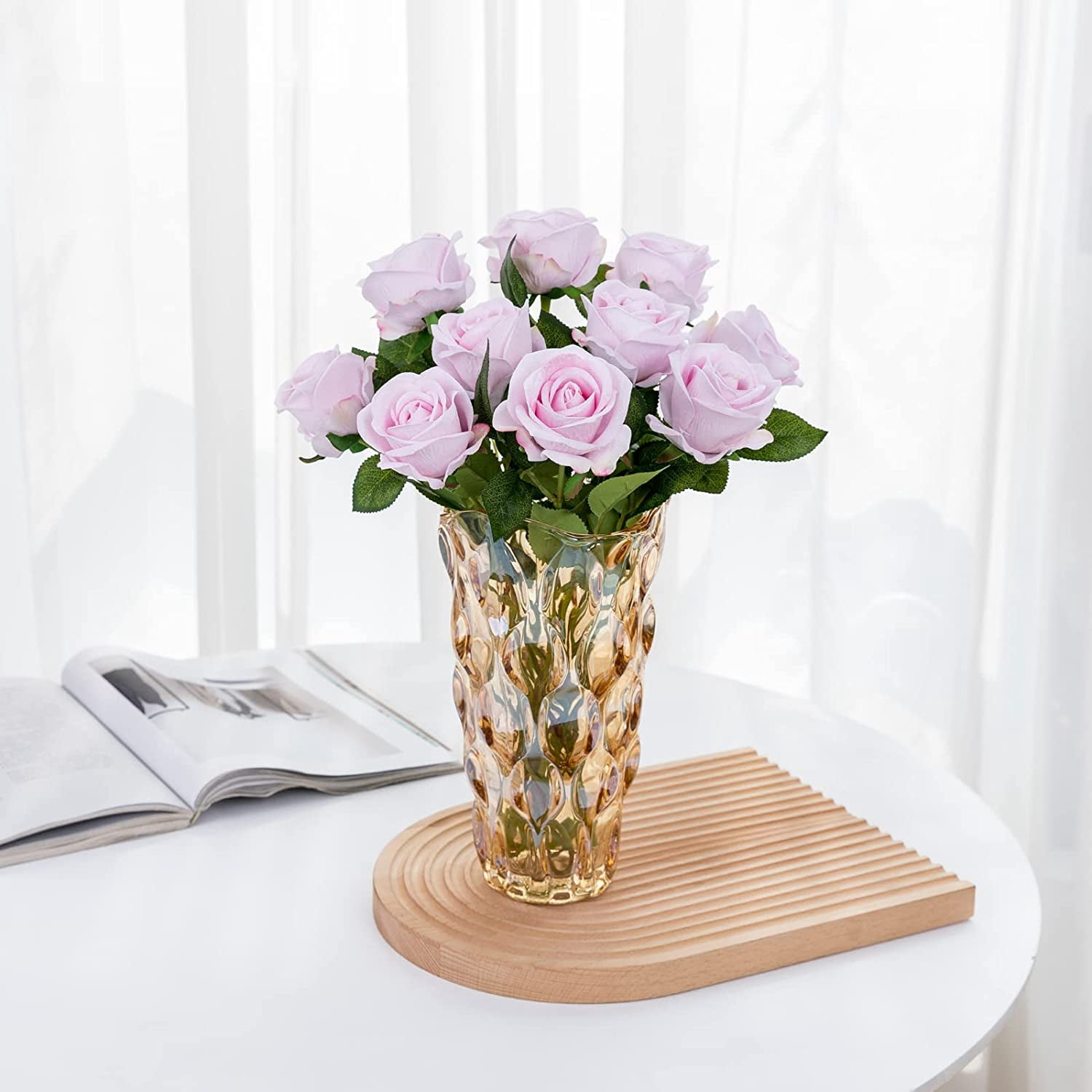12PCS Artificial Roses Silk Flowers Fake Roses Bouquet Long Stem for Home Wedding Decoration Party (Wine)