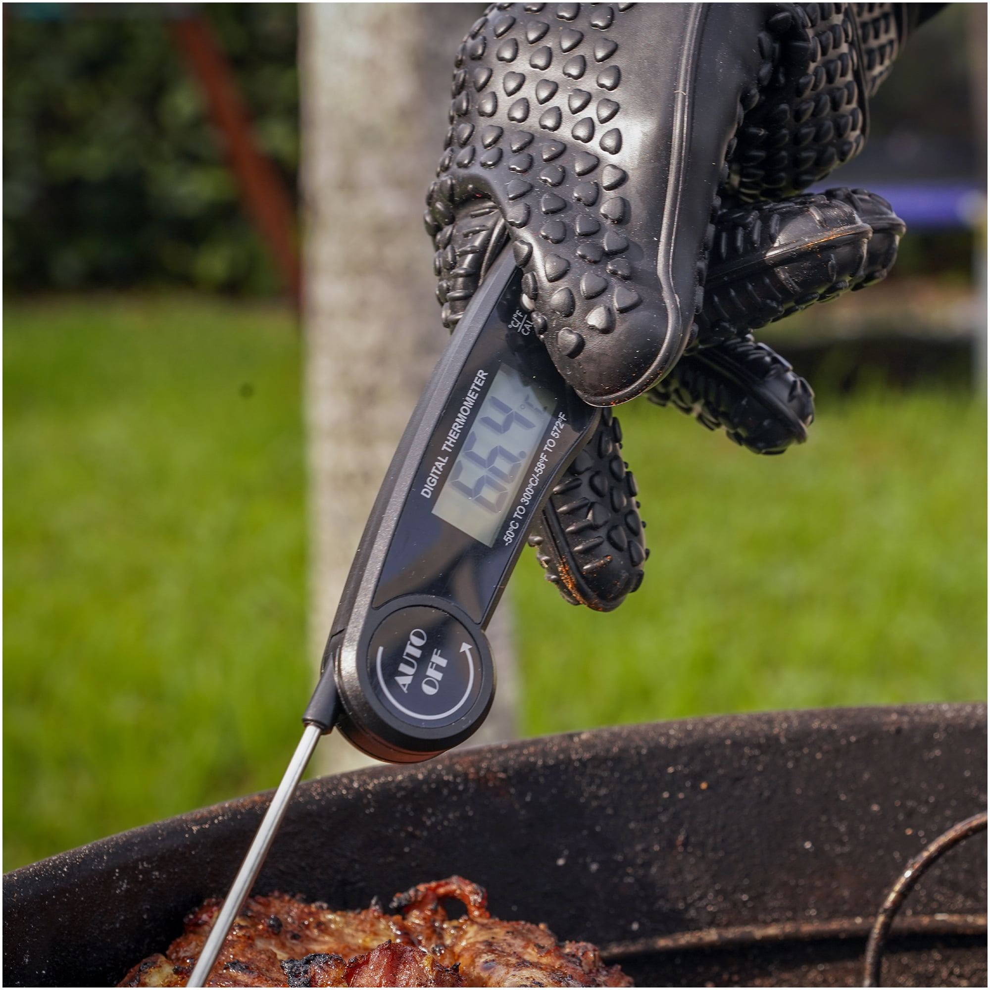 Duo Pack Instant Read Food and Meat Digital Thermometer and Grilling Glove. Power Saving and Backlight function. Grilling Guide Included