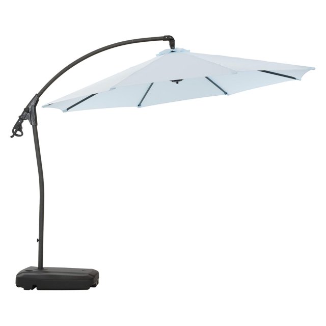 Cantilever outdoor patio umbrella with 9.5ft white canopy, black aluminum and steel frame, and a fillable wheeled base for easy mobility.