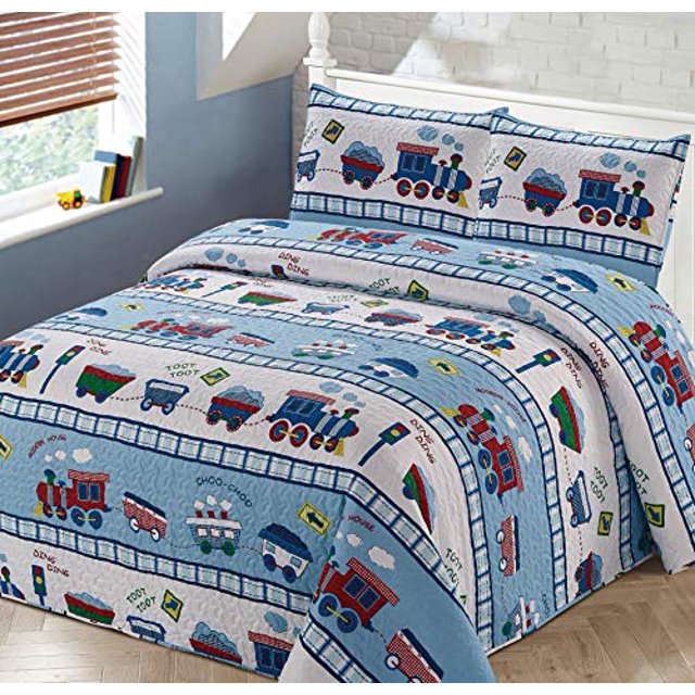 Better Home Style Ensemble de Courtepointe Couvre-Lit Rouge Blanc et Bleu Train Choo Chemin de Fer Enfants / Garçons / Tout-Petits avec Taies d'Oreiller Train (Simple)