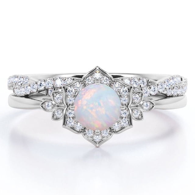 JeenMata Anillo de Bodas con Banda Trenzada Infinita de Ópalo Etíope de Talla Redonda de 1,5 Quilates y Moissanita con Bisel de Halo de Flores Engastado en Oro Blanco de 18 K sobre Plata