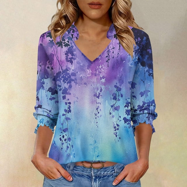 LVHAOGJOB T-Shirts Amples pour Femmes Manches Courtes Imprimé Col en V Tunique Hauts pour Femmes