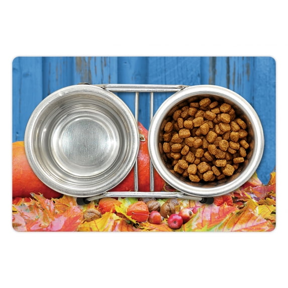 Autumn Pumpkin Pet Mat for Food and Water, Fall Photo of Season Fruit and Fallen Leaves on Blurred Blue Wooden Wall, Non-Slip Rubber Mat for Dogs and Cats, 18" X 12", by Ambesonne