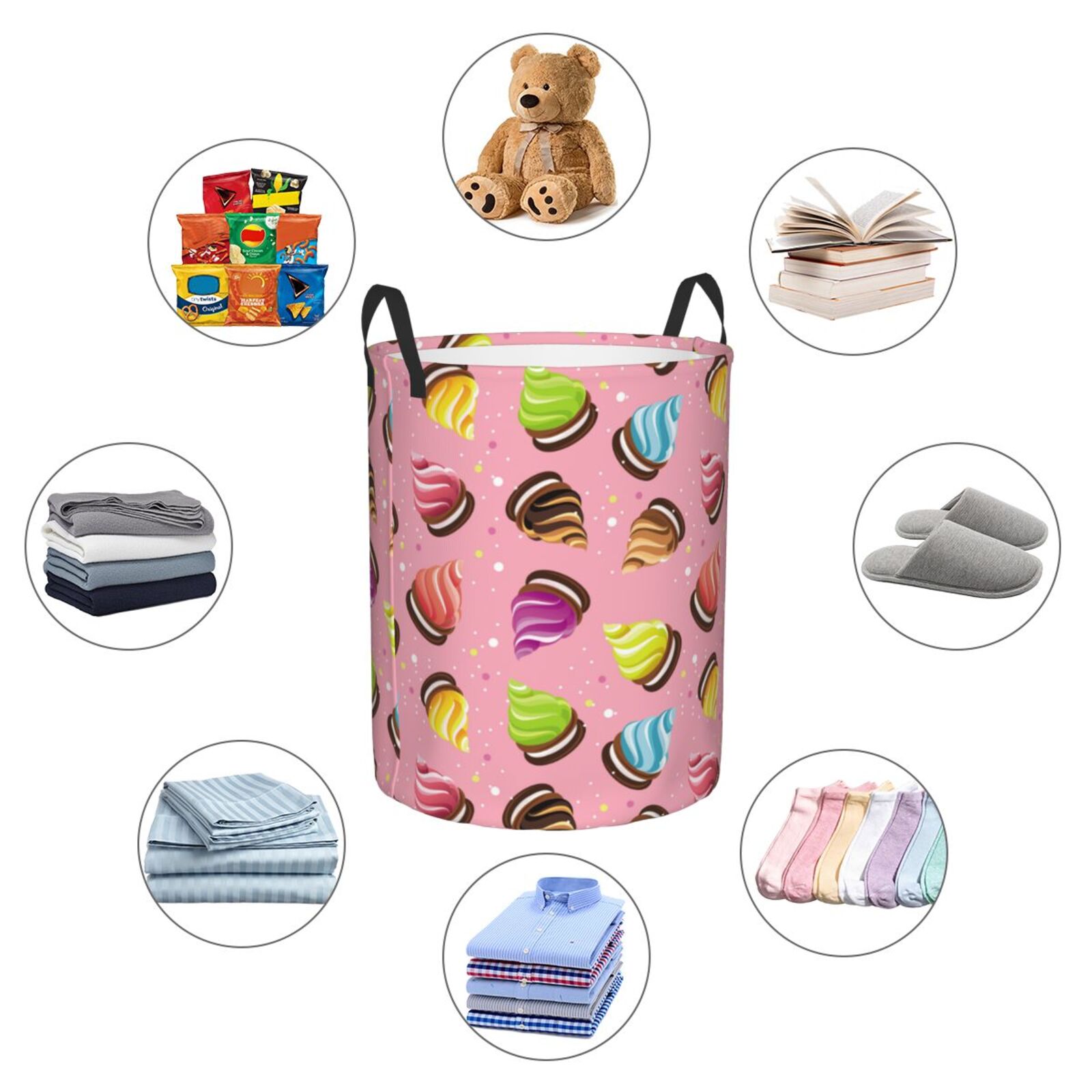 Large Laundry Basket with Handles - Colourful Ice Cream Print Pink Kids Baby Dirty Clothes Laundry Hamper for Bedroom Aesthetic