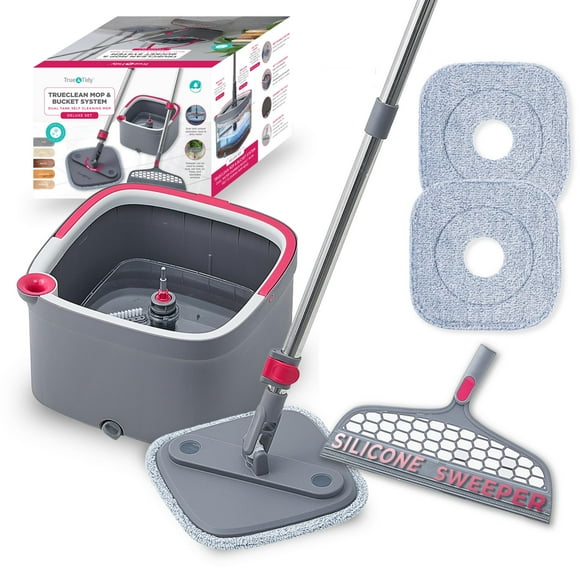 True & Tidy® TrueClean Mop and Bucket System, Includes Square Spin Mop, Dual Compartment Mop Bucket and 2 Thick Machine Washable Mop Pads, Extra Squeegee Sweeper Mop Head