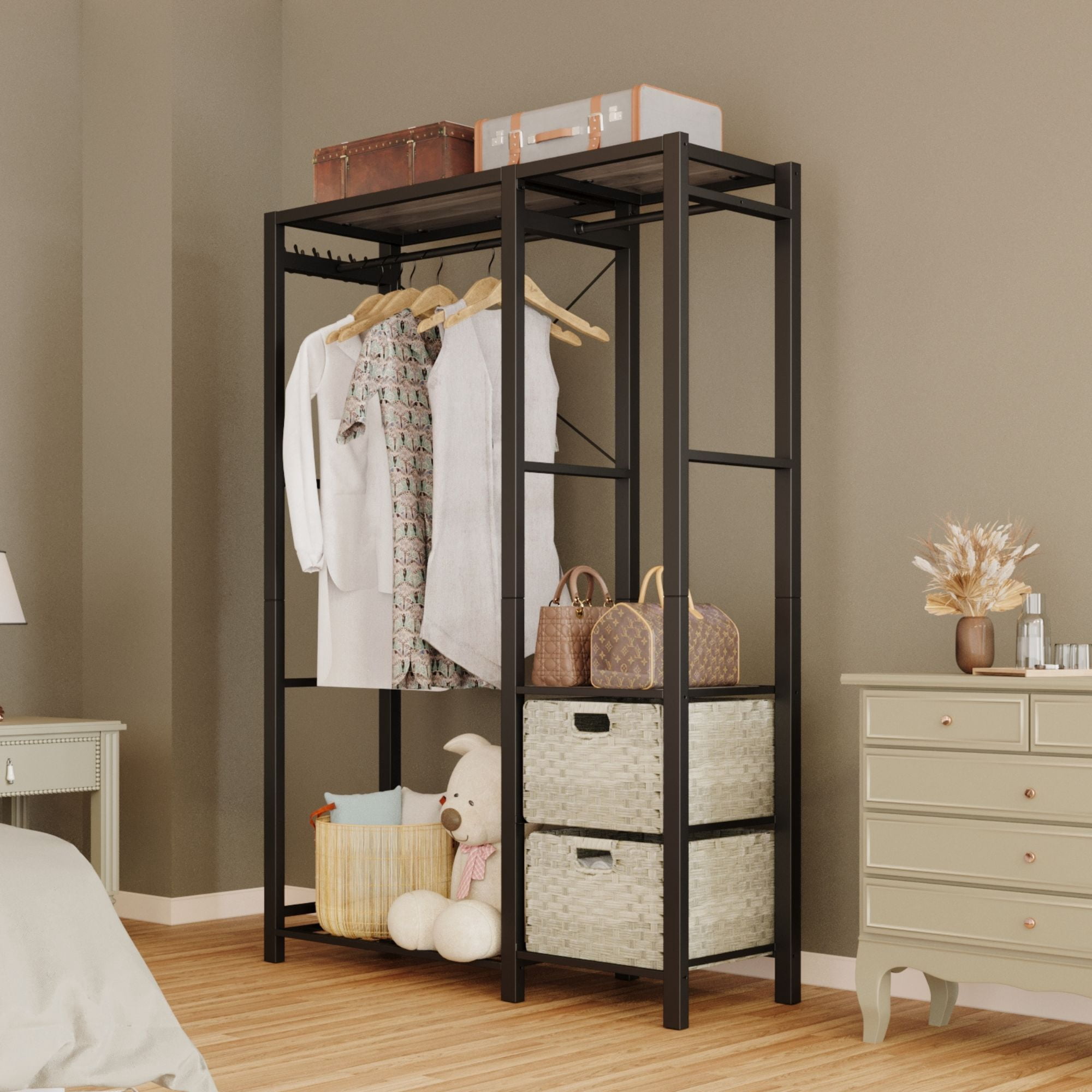 Acacia Wood Garment Racks with Shelves 2 Wicker Drawers and 4 Hooks Heavy Duty Closet Organizer for Hanging Clothes, Freestanding Closet Wardrobe Rack, Light Gray