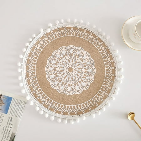 

GLFILL Linen Table Mat Lace Placemat Set Natural Jute Woven Tableware Mat Round 38cm D