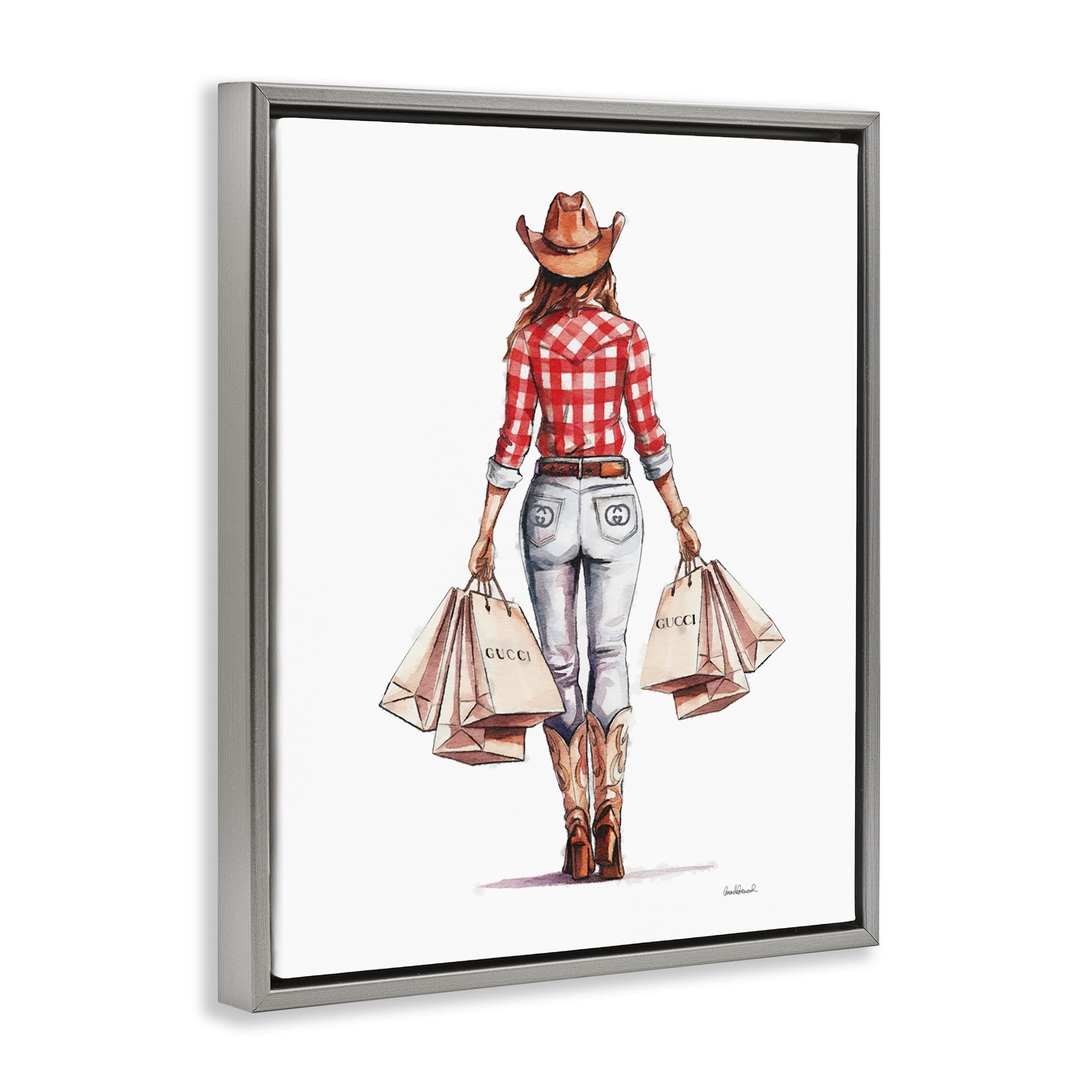 Stupell Industries Country Cowgirl Shopping People Painting Gray Floater Framed Canvas Art Print Wall Art, 17 x 21