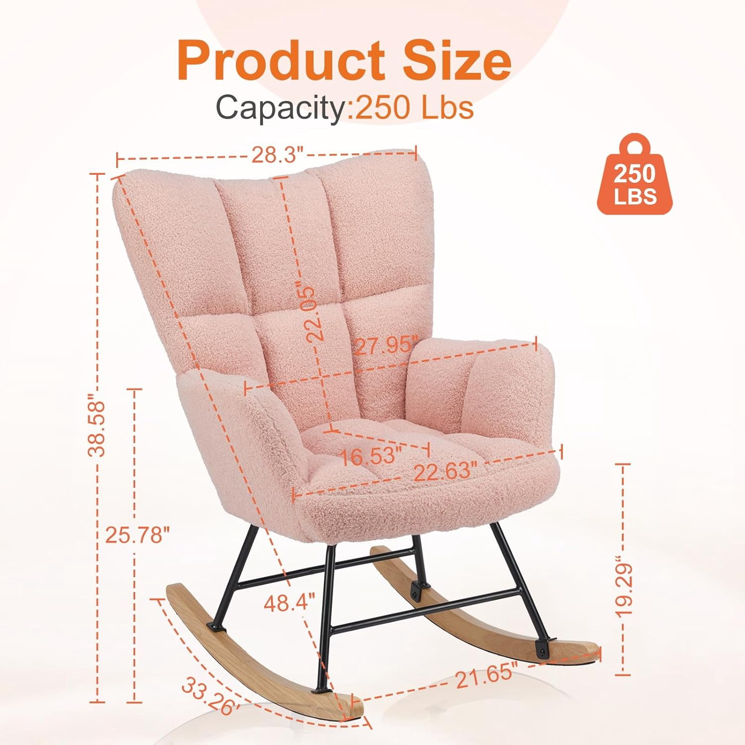 Rocking Chair, Indoors Glider Accent Armchair with High Backrest for Nursery, Bedroom, Teddy Fabric with Solid Wood Legs, Pink