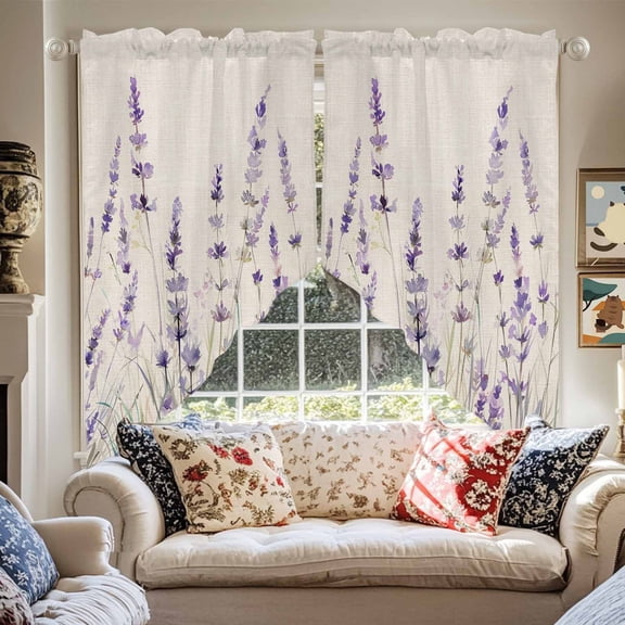 Spring Flower Swag Curtain Valance for Windows, Vintage Purple Lavender Linen Texture Window Treatments Short Swag Topper for Kitchen Windows Bathroom Bedroom, 36"x63"