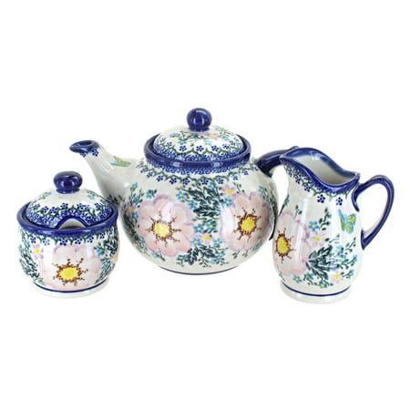 

Blue Rose Polish Pottery Apple Blossom 3 Piece Tea Set
