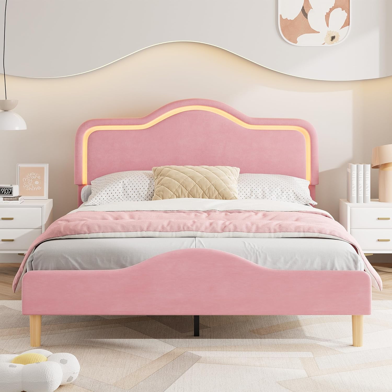 Full Size Upholstered LED Bed Frame with Adjustable Headboard and Footboard, Velvet Princess Platform Bedframe /, Wooden Slats Support, No Box Spring Needed, Easy Assembly, Pink