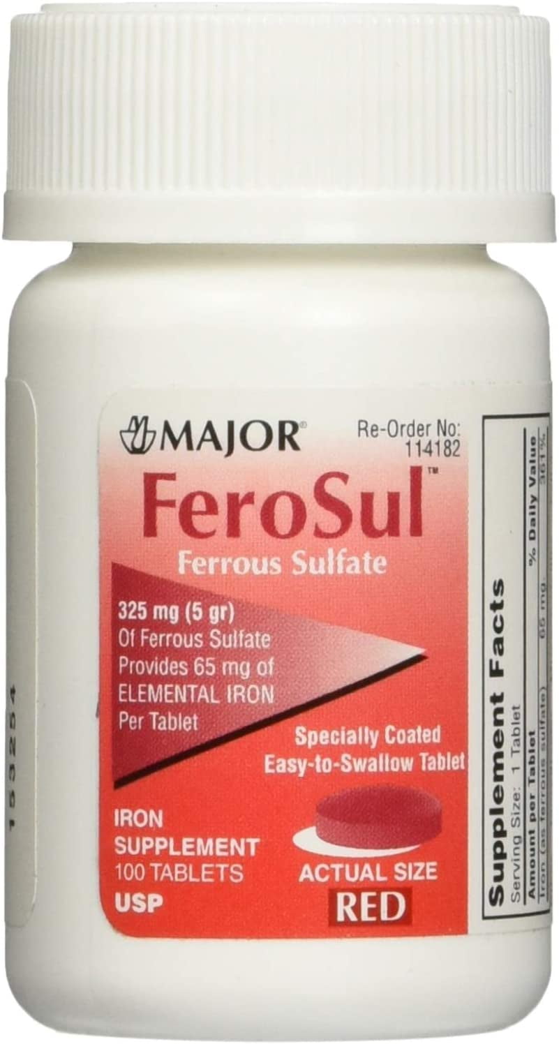 Major FeroSul Ferrous Sulfate 325Mg Iron Supplement 100 Tablets Iron