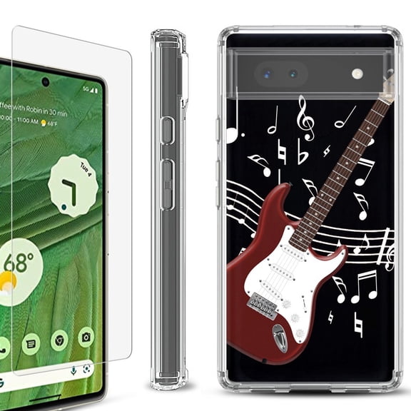 Shockproof Bumper Phone Case for Google Pixel 6a, with Tempered Glass Screen Protector, by OneToughShield ® - Guitar Red