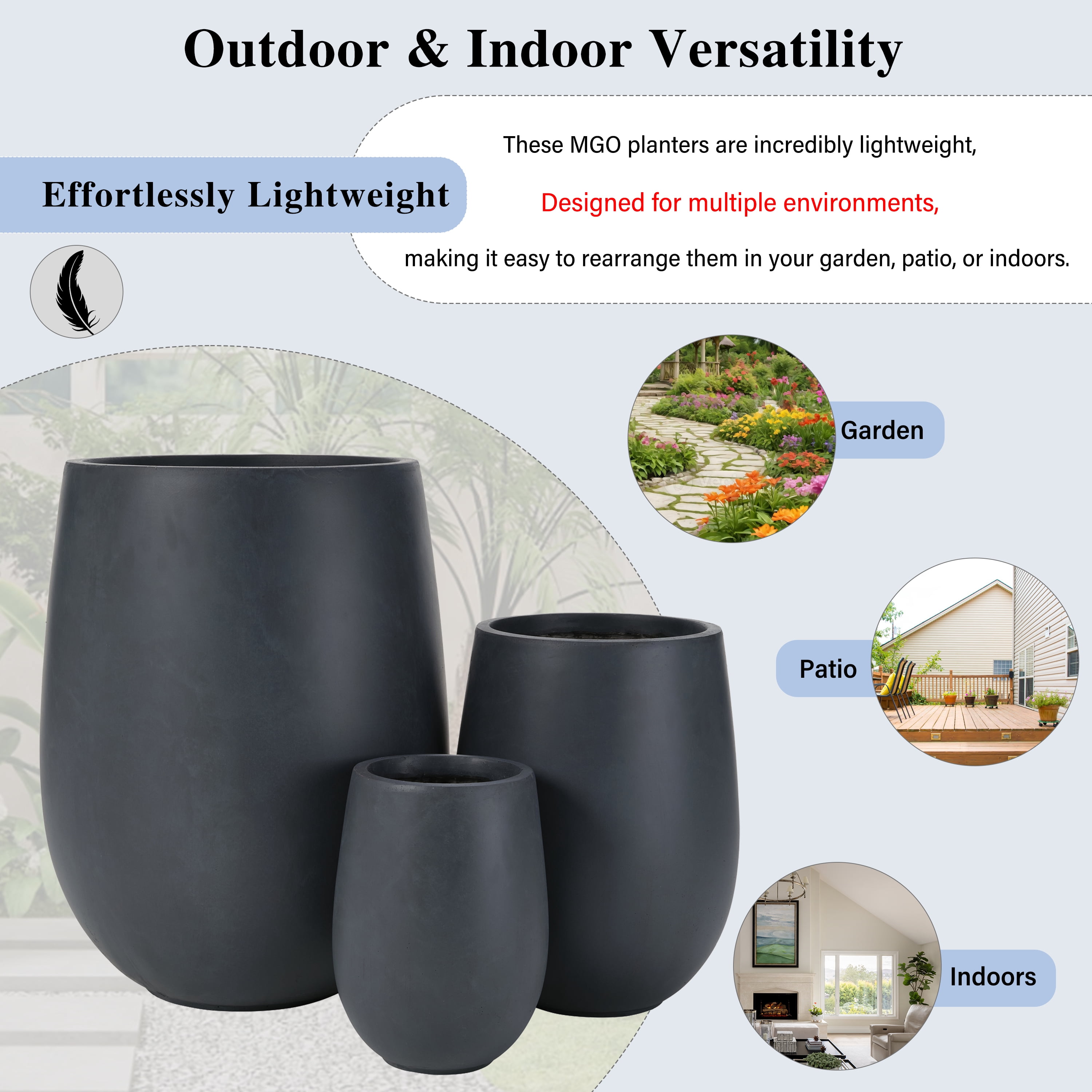 Mintazer Modern Planter Set of 3, 15.6"/10.74"/7.3" Round Stackable Flower Pots with Drainage Holes, Decorative Plant Pots for Indoor & Outdoor, Black