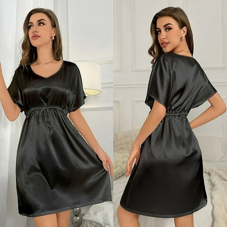 Linfrsh Lingerie for Women Satin Sleepwear Sleeveless Sexy Sleep Dress Nightie Black 2XL