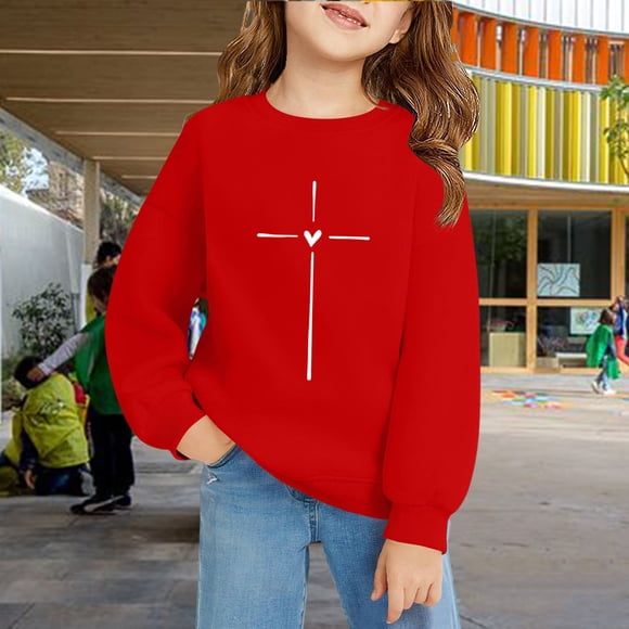 Chandail en Molleton Imprimé Cœur pour Filles, Coupe Ample Col Rond Manches Longues avec Design Amour, Chemise Décontractée en Coton Doux pour Filles Tout-Petits, Plusieurs Couleurs Disponibles pour Usage Quotidien Rouge