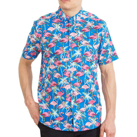 Hawaiian Shirt For Mens | Short Sleeve Button Up Down Tropical Aloha Shirts Pink Flamingo