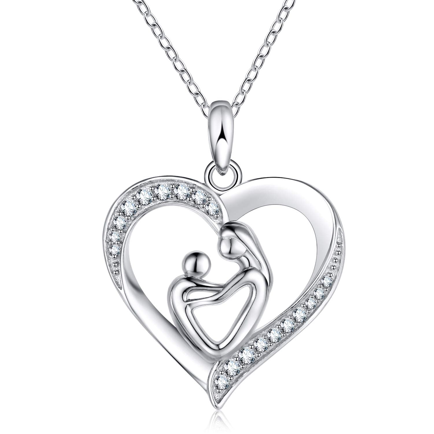 925 Sterling Silver Mom Pendant Necklace Heart Mother Gift Clear CZ 19" 