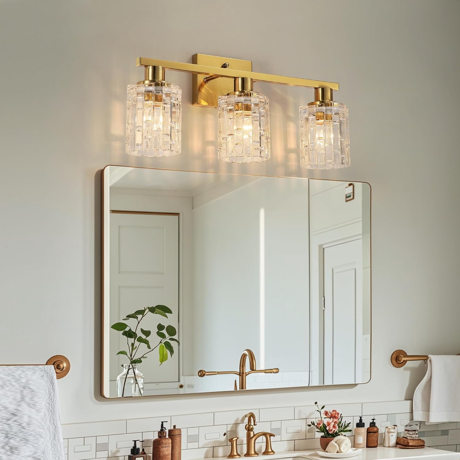 Huong Son Brushed Gold Bathroom Vanity Light - 3-Light Fixture With Milk Glass Shades, Waterproof For Mirror Lighting