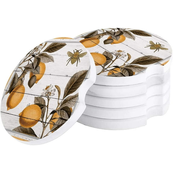 FMSHPON Retro Fruits Summer Lemon and Bees Wooden Grain Set of 2 Car Coaster for Drinks, Absorbent Ceramic Stone Coasters Cup Mat with Cork Base for Home Kitchen Room Coffee Table Bar Decor