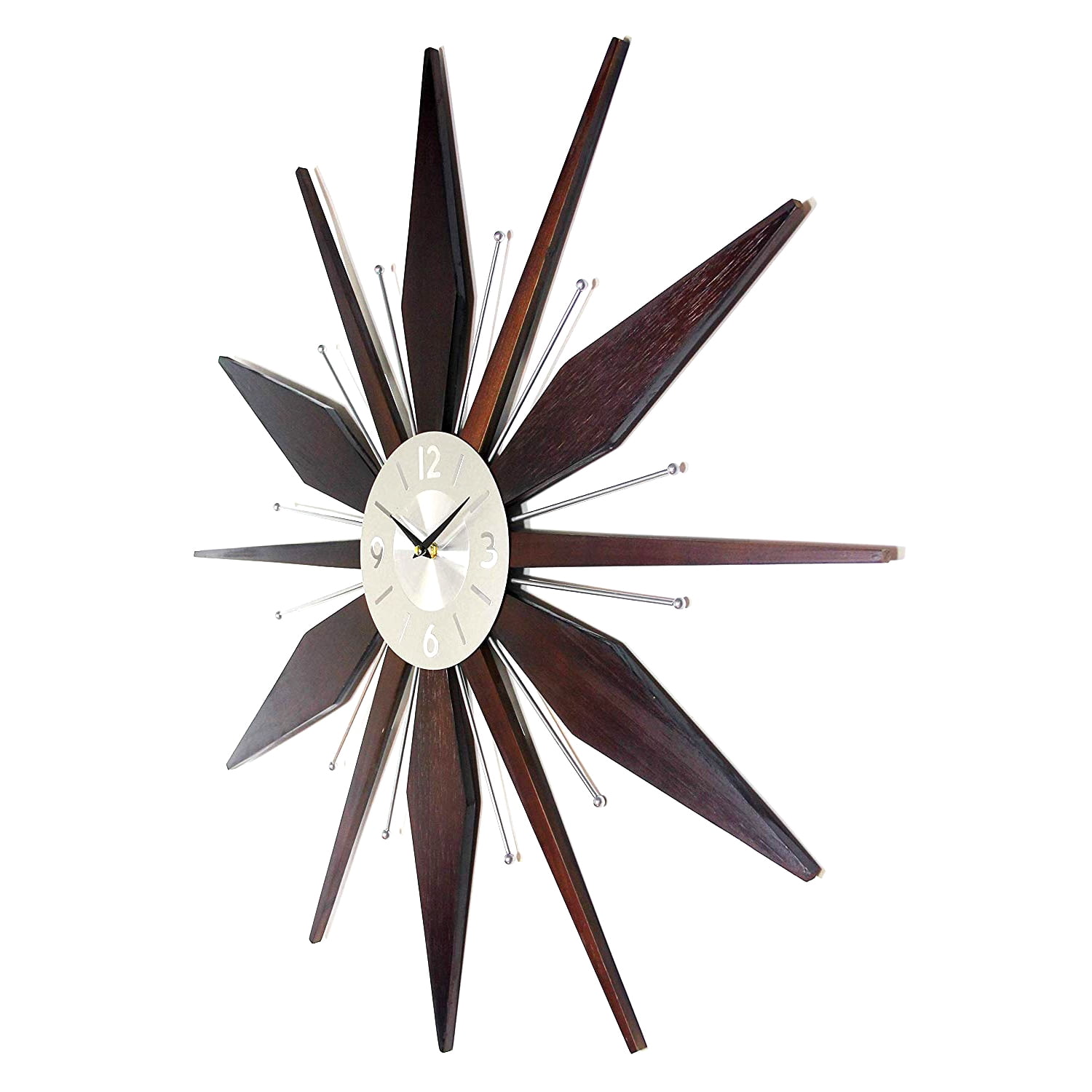 Infinity Instruments Sunburst Mid-Century Utopia Metal Wall Clock, Dark Walnut