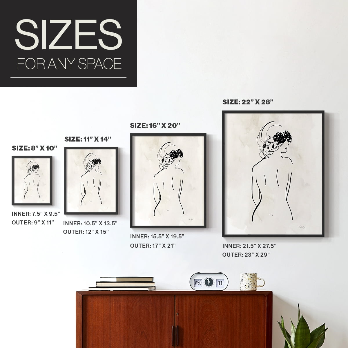 Romantic Line Art I in Black Solid Wood 16 x 20 Framed Print