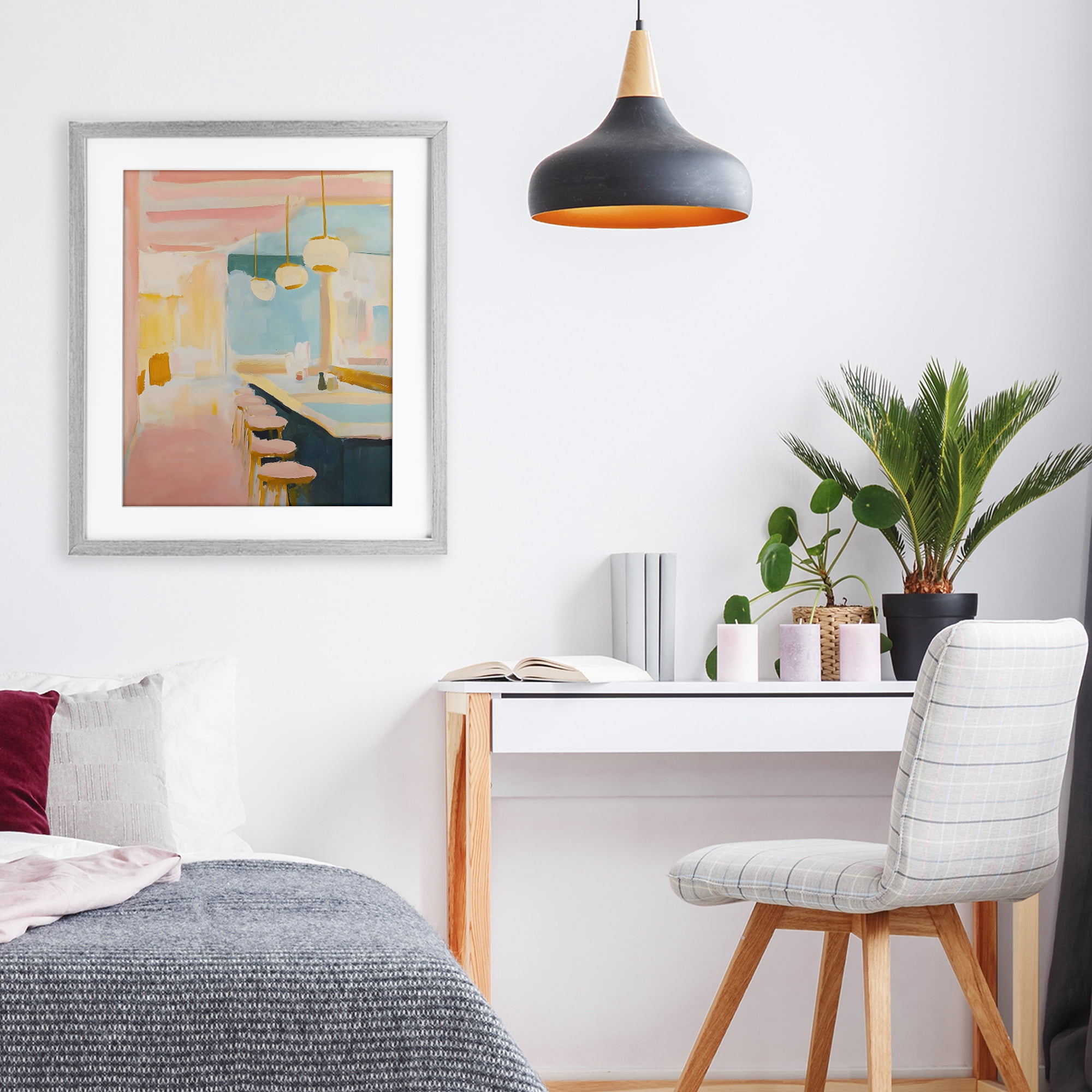 Stupell Industries Pastel Pink Bar Stools Gray Framed Print Under Glass, design by The Prints Vibe