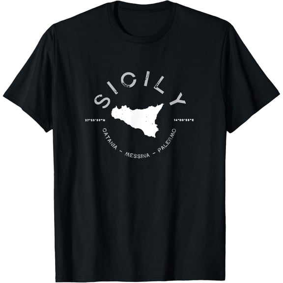 Vintage Sicily Italy Map Graphic Tee Retro Italian Heritage Souvenir T-Shirt with Coordinates Catania Messina Palermo Short Sleeve Fashion Apparel for Men Women