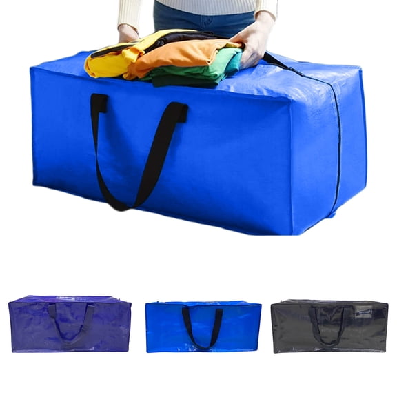 Large Transparent Woven Plastic Moving Bag, 73x37x34cm, Heavy Duty Storage Tote with Double Zipper, Blue, Reusable & Foldable Organizer