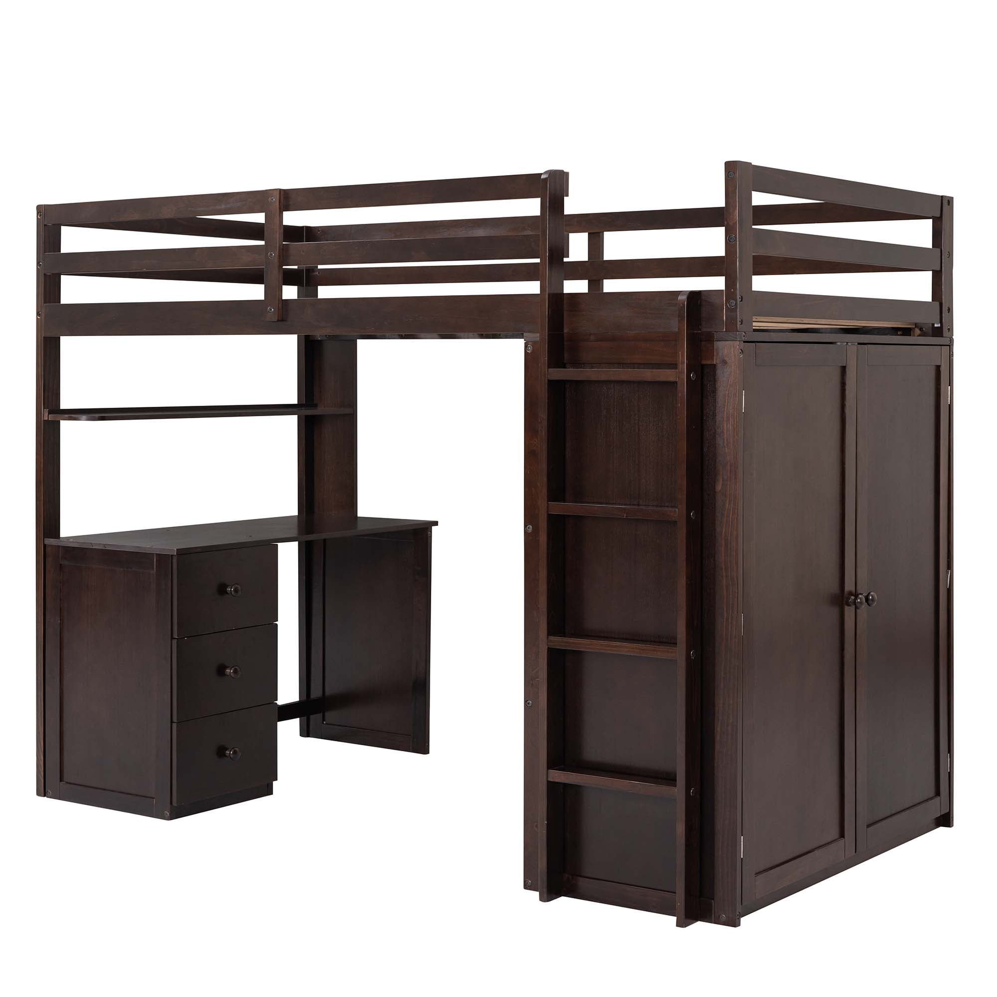 Aukfa Loft Bed with Wardrobe and Drawers Kids Solid Wood Twin Bed with Desk Espresso
