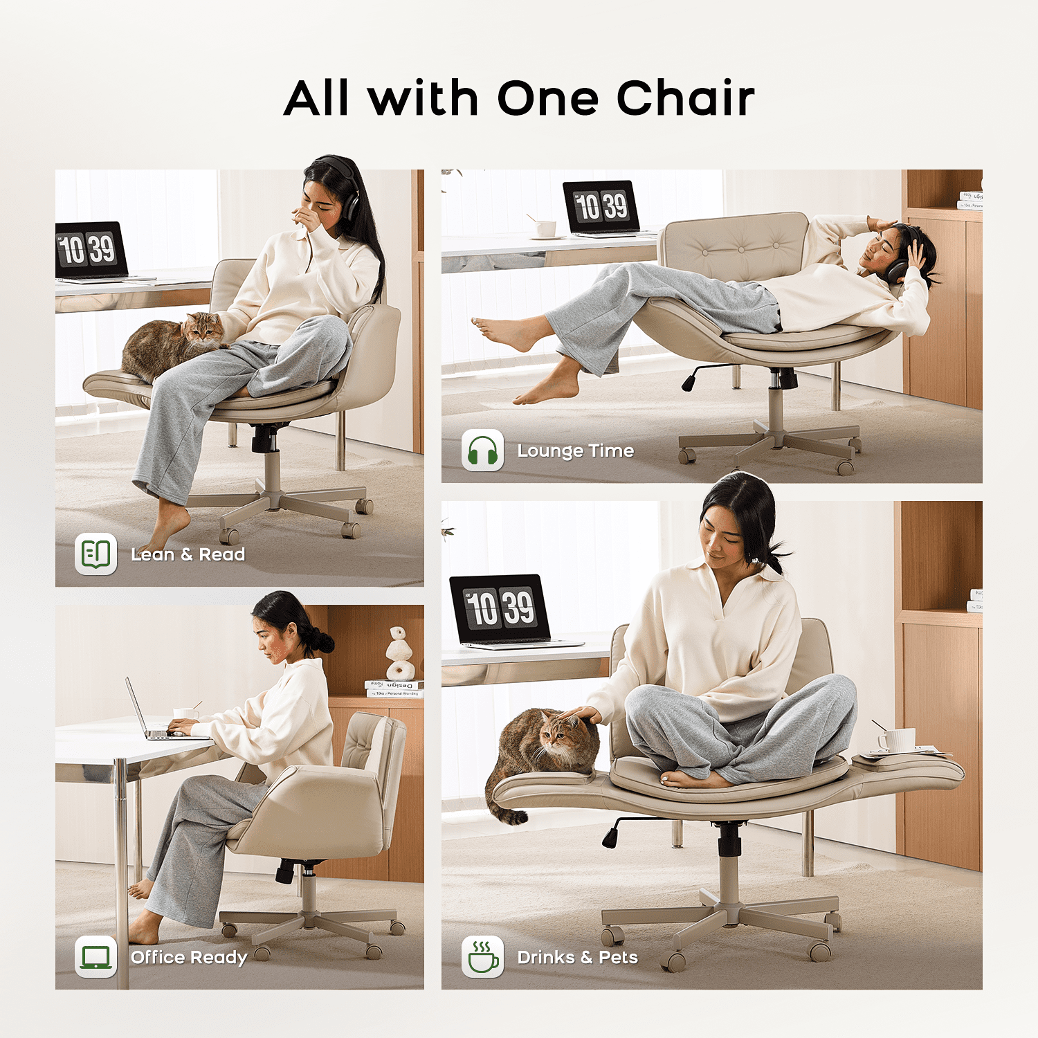 TMV Vanity Chair Oversized, Criss Cross Design Office Desk Chair - Big & Tall Computer Chair with Foldable Arms, Swivel and Wheels,Cream