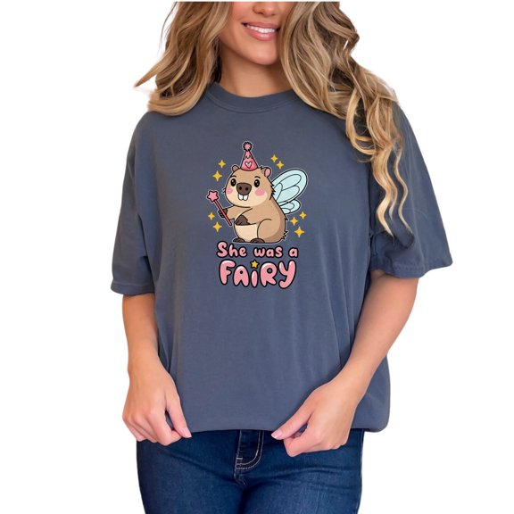 Cute Fairy Animal T-Shirt, She Was A Fairy Graphic Tee, Adorable Winged Creature Shirt, Fun Party Hat Design, Magical Gift Tee, Denim Comfort Colors T-Shirt, Small