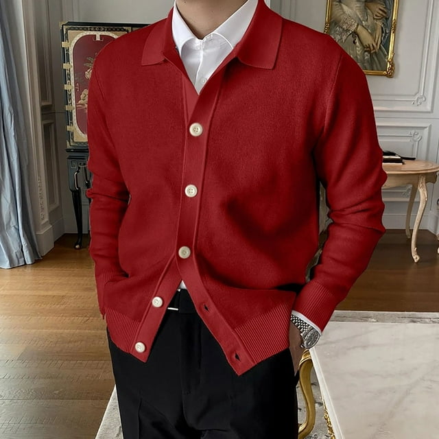 Mikilon Cardigan Tricoté à Revers pour Hommes, Chandail Élastique Ajusté