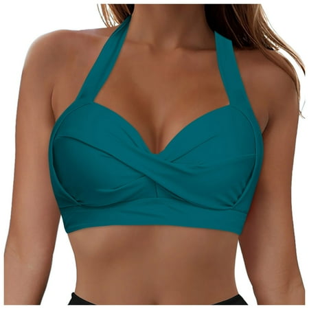 Hauetro Women Bikini Top Push Up Swim Top Halter Retro Bathing Suit Top Padded Swimsuit Top Only(Dark Green XL)