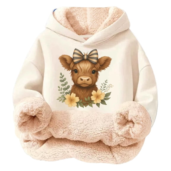 Rggeeun Girls Hoodie Soft Lined Fluffy Cow Pullover With Cute Striped Bow Print Warm Winter Kid Casual Relaxed Fit Beige,13-14 Years,Long Sleeve