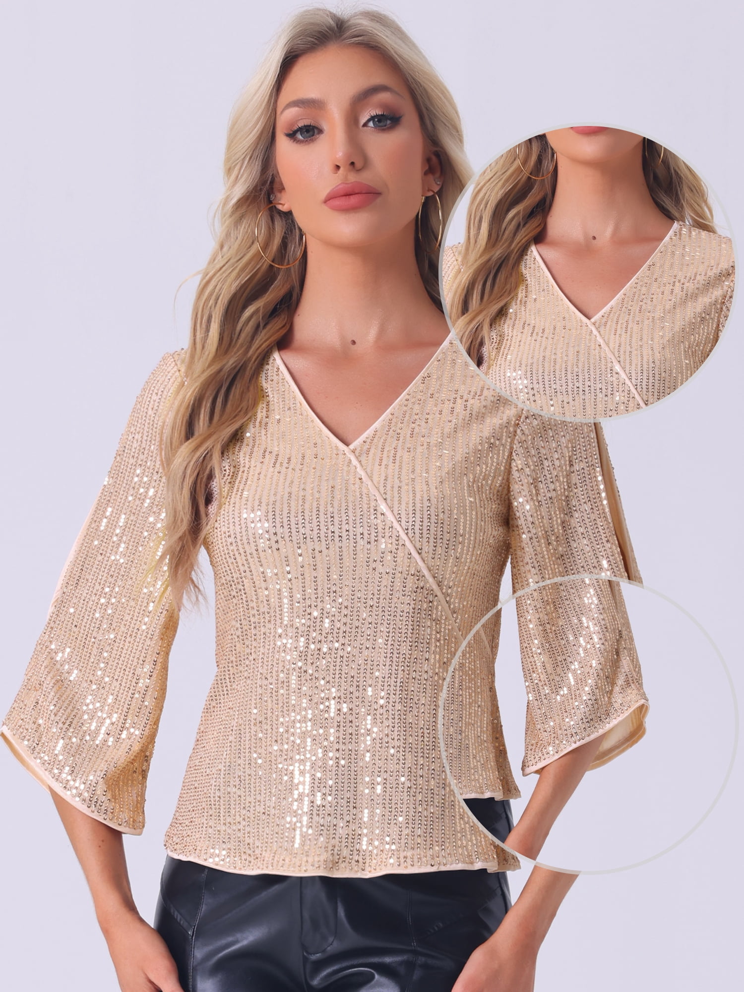 DARING DIVA Women's 3/4 Sleeve V Neck Sparkly Blouses S Gold