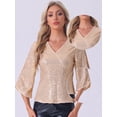 thumbnail image 2 of DARING DIVA Women's 3/4 Sleeve V Neck Sparkly Blouses XS Gold, 2 of 6