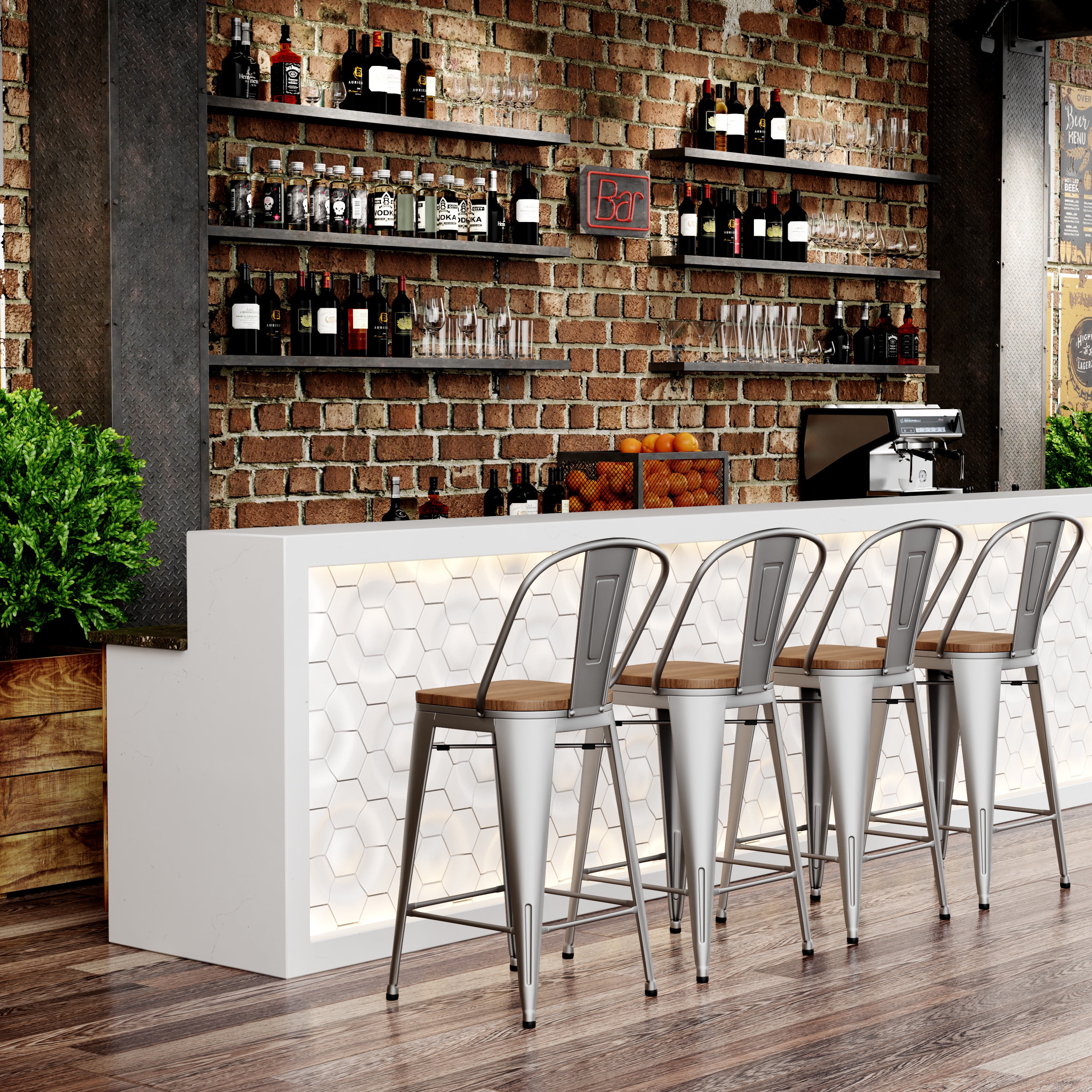Andeworld Metal Bar Stools Set of 4 Counter Height Stools with Backs Counter Stools High Back Bar Chairs 30 Inch Silver