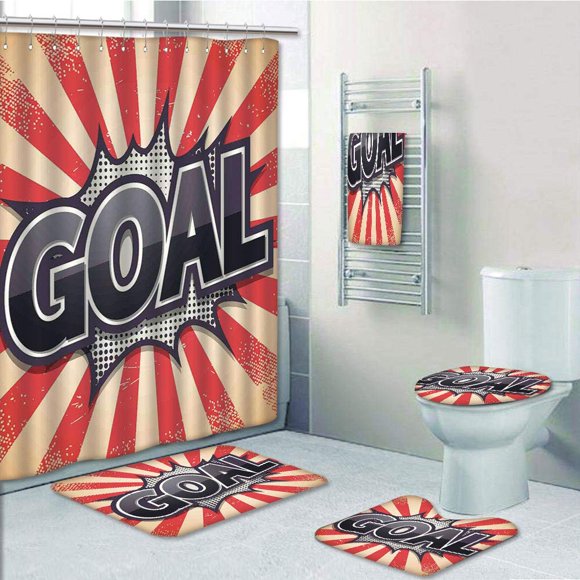 EREHome Retro Goal Sunshines Celebrations Successful Mission Motivation 5 Piece Bathroom Set Shower Curtain Bath Towel Bath Rug Contour Mat and Toilet Lid Cover