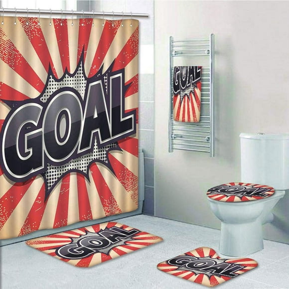 EREHome Retro Goal Sunshines Celebrations Successful Mission Motivation 5 Piece Bathroom Set Shower Curtain Bath Towel Bath Rug Contour Mat and Toilet Lid Cover