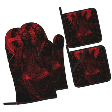 

Tebeau Red Gothic Skeleton Throne Print 4 Pcs Oven Mitts and Pot Holders 500°F High Heat Resistant Kitchen Oven Mitts with Pot holders Long Oven Mitts for Baking and Cooking