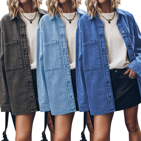 LYMAYTER Women Fashion Jacket Vintage Button Up Frayed Hem Denim Jacket Long Sleeve Large Pockets Cowboy Outwear S-2XL