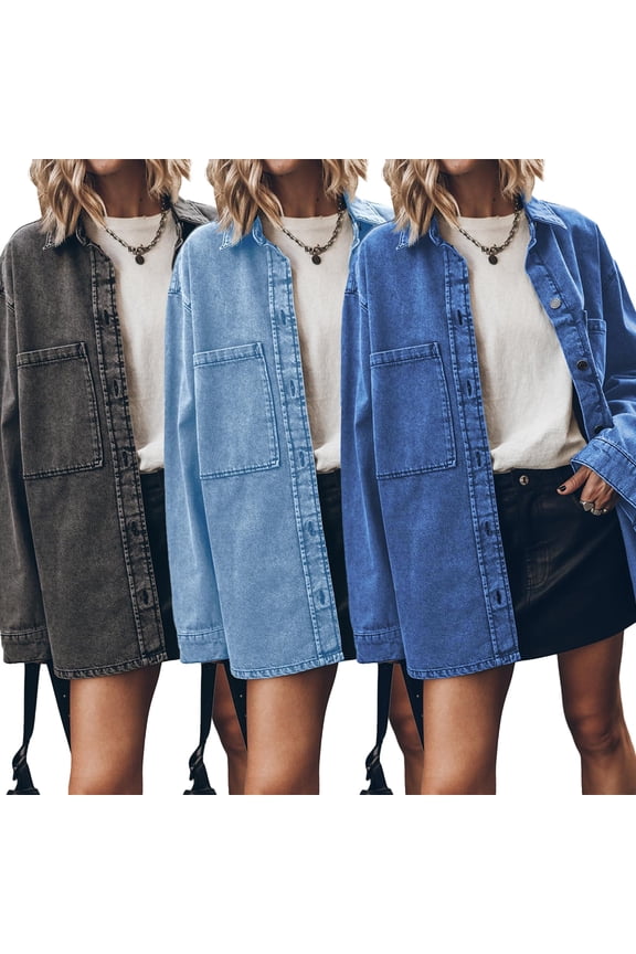 Women Fashion Jacket Vintage Button Up Frayed Hem Denim Jacket Long Sleeve Large Pockets Cowboy Outwear S-2XL