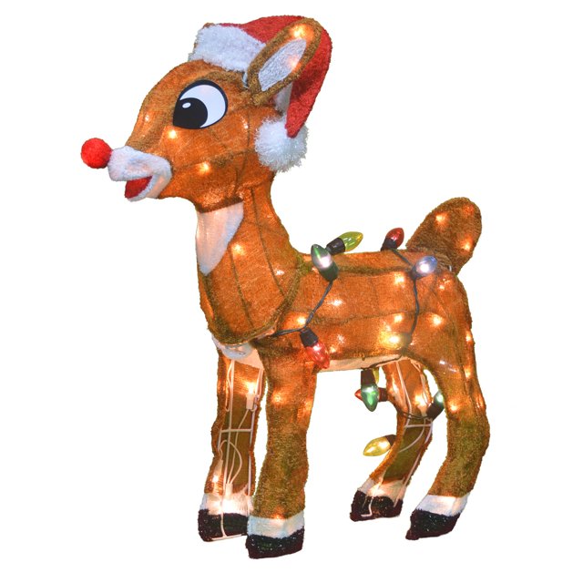 ProductWorks Rudolph de 24 Pouces avec Chapeau de Père Noël Décoration de Vacances Pré-Éclairée 3D
