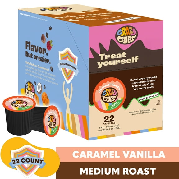 Crazy Cups Decaf Caramel Vanilla Coffee Pods, Medium Roast, 22Count for Keurig K-Cups Machines