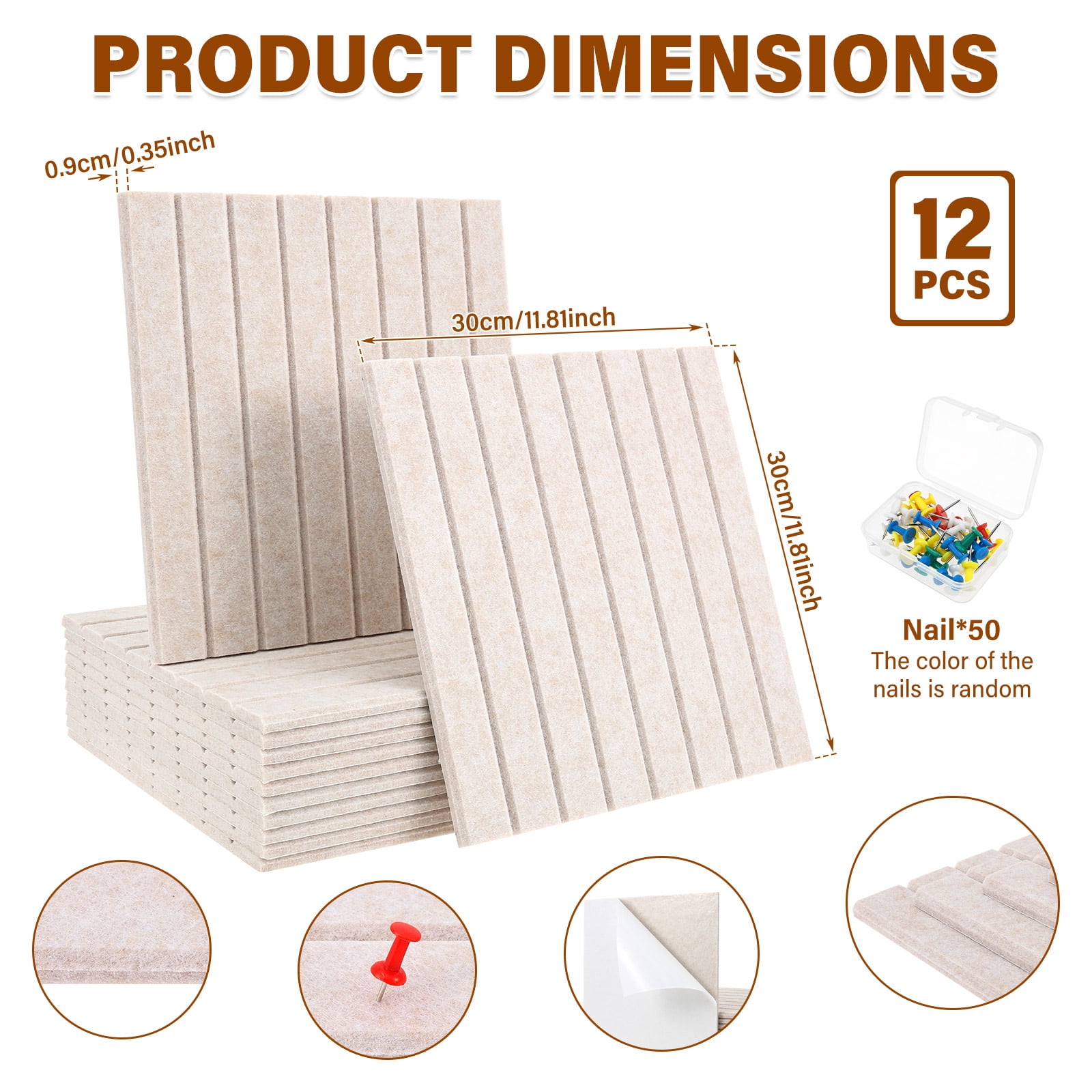 Large Cork Board Alternative Decorative Felt Bulletin Board with 50 Pcs Nails for Home Office Bedroom 12 Pack Felt Wall Tile